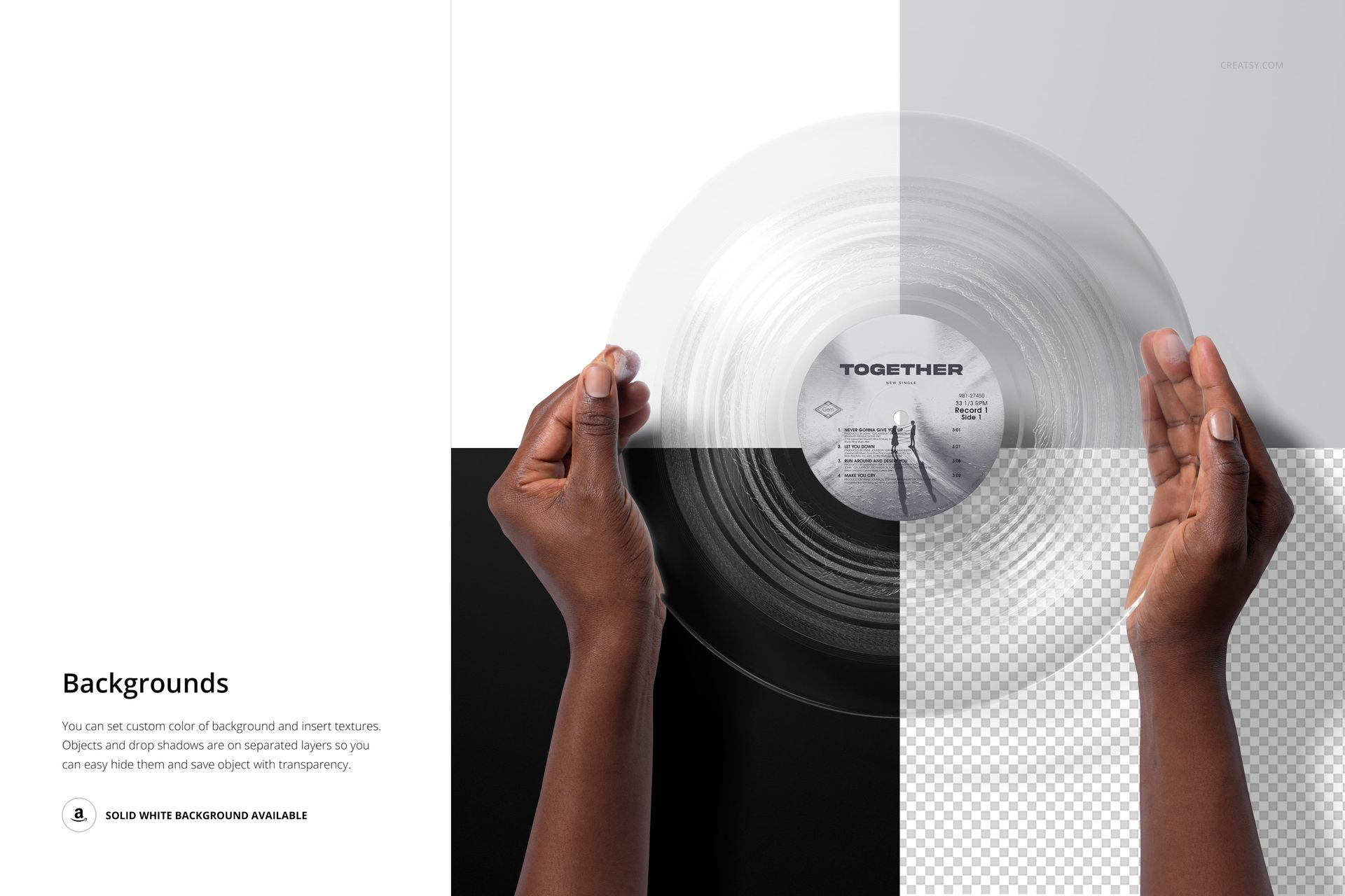 Top view of hands gripping a clear vinyl record, displayed on a PSD mockup with contrasting background colors.