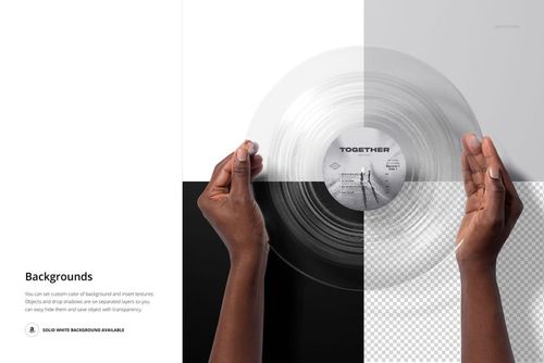 Top view of hands gripping a clear vinyl record, displayed on a PSD mockup with contrasting background colors.