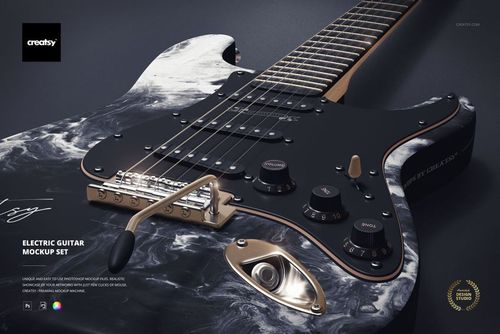 PSD mockup of an electric guitar featuring a black pickguard and marble swirl design, displayed from a side angle.