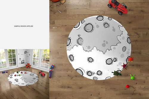 Top view of a moon-themed carpet mockup in a children's room, showing wood floor, toy vehicles, and bright natural light.