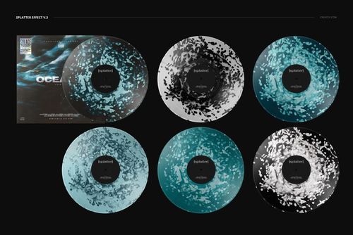 PSD mockup set featuring six round vinyl records with abstract splatter designs and a cover, viewed from a top perspective.