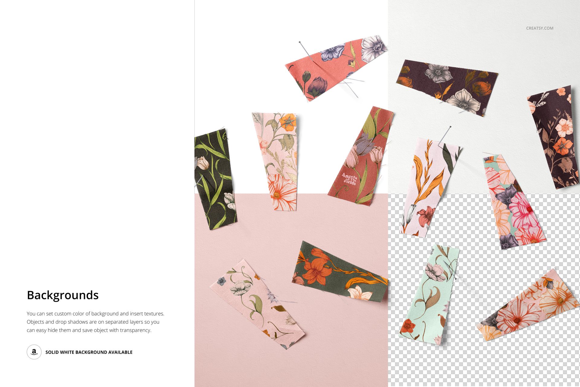 Fabric pieces mockup with various prints and textures, including flowers and leaves, laid out in an organized manner.