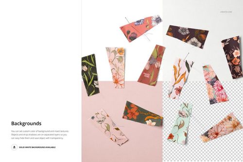 Fabric pieces mockup with various prints and textures, including flowers and leaves, laid out in an organized manner.