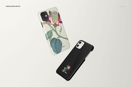 Floating iPhone 11 matte snap cases, one featuring a floral design, the other plain black, shown in a mockup scene.