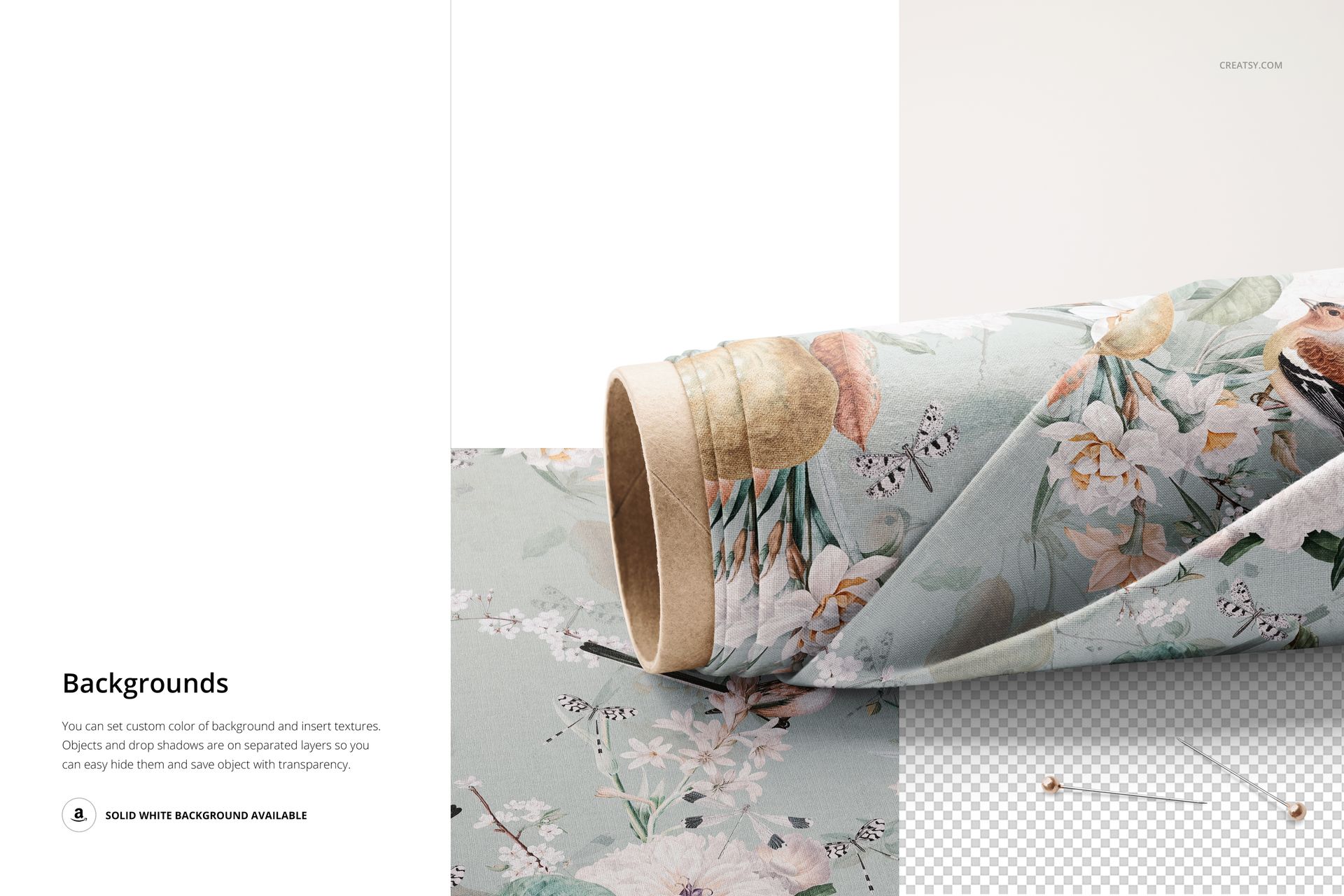 Fabric roll mockup featuring a pastel floral and butterfly design, partially unrolled on a white and transparent background.