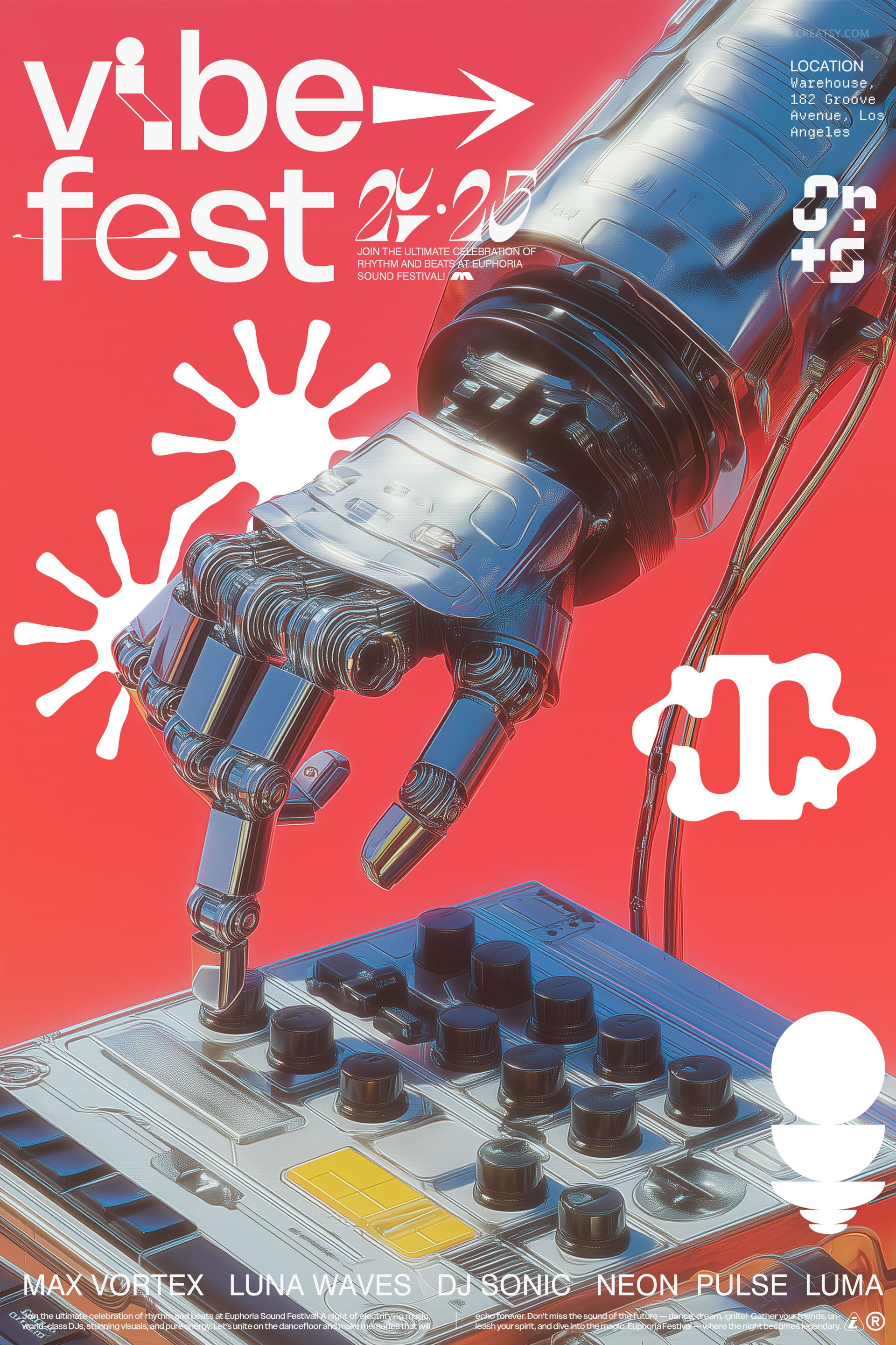 Poster mockup showing a metallic robotic arm adjusting controls on a synthesizer, set against a vibrant pink background.