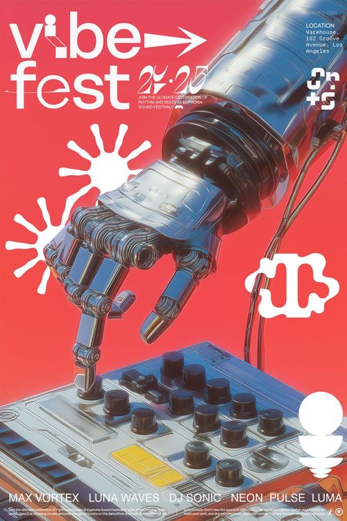 Poster mockup showing a metallic robotic arm adjusting controls on a synthesizer, set against a vibrant pink background.