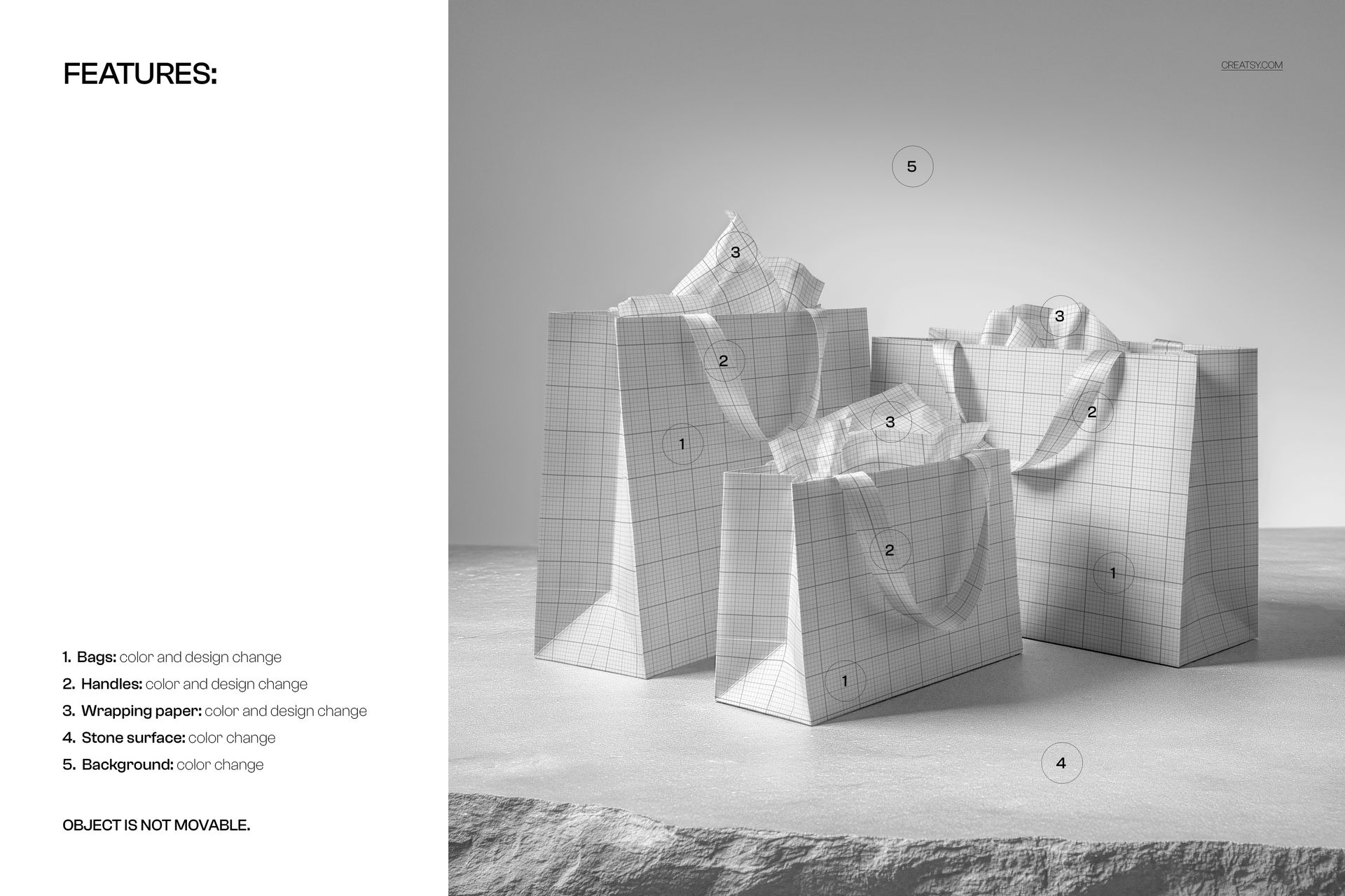 PSD mockup showing multiple grid-patterned gift bags with ribbon handles placed on a textured stone surface.