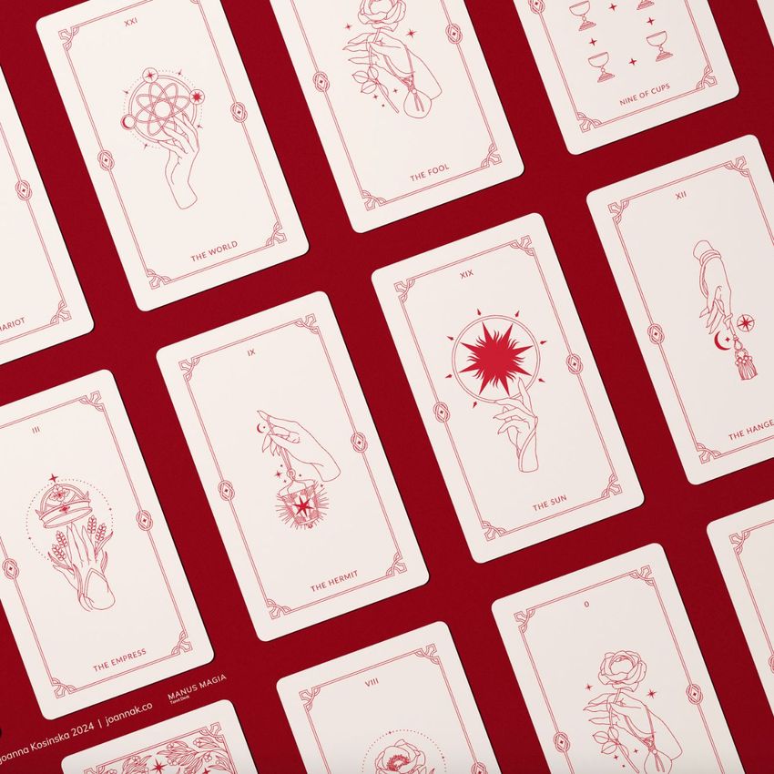 Tarot cards mockup featuring multiple cards laid out in a grid on a deep red background, each with minimal red line art.