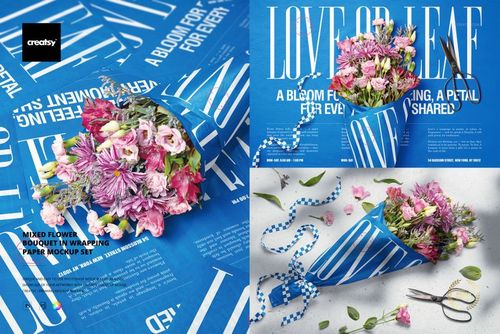 Colorful bouquet of assorted flowers in blue wrapping paper, displayed as a PSD mockup with floral props and tools.