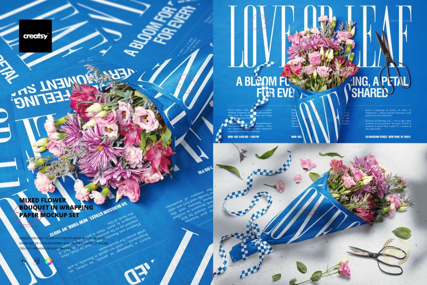 Mixed Flower Bouquet in Wrapping Paper Mockup Set - mockup screenshot 1