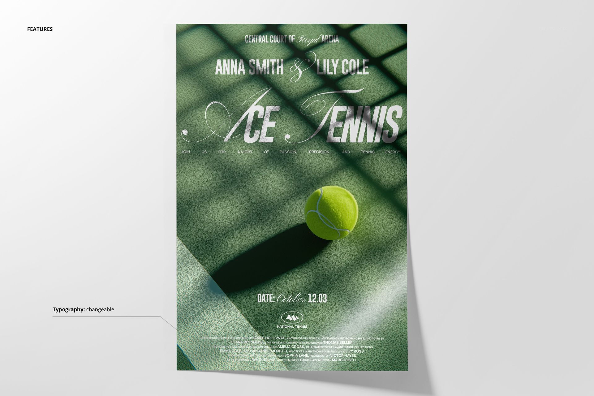 Poster mockup featuring a tennis theme, green court surface, net shadows, and a bright tennis ball in the foreground.
