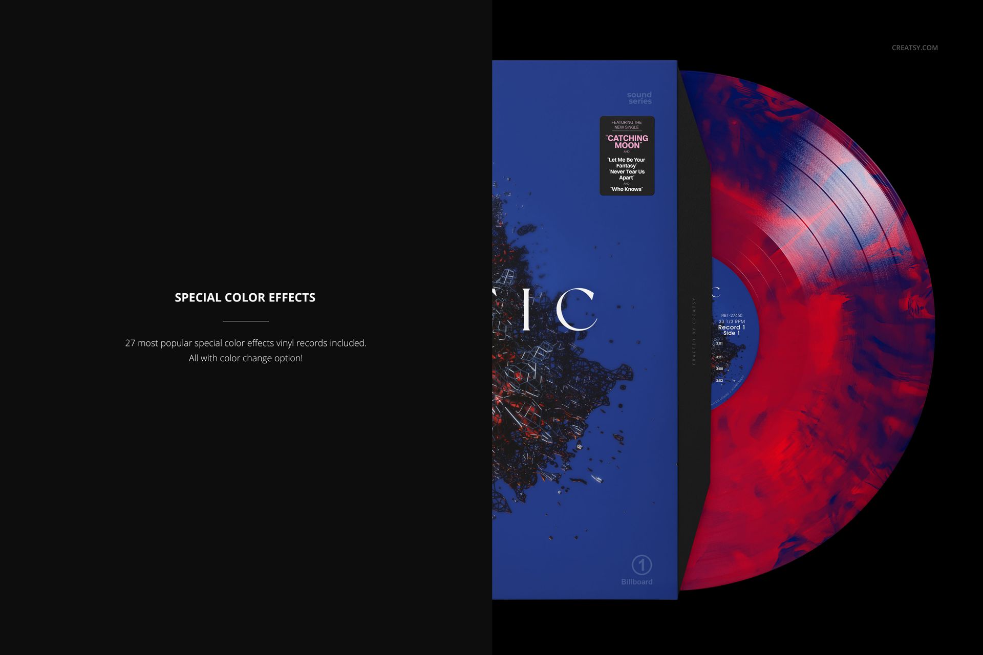 Colored vinyl record mockup shown from above, featuring a vibrant red and blue disc and a blue sleeve with abstract design.