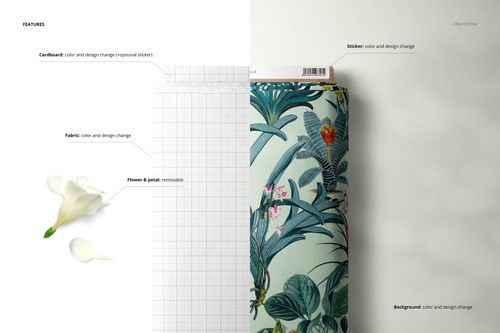 Fabric bolt mockup with tropical leaf and flower pattern, shown from a top angle next to a white grid fabric and flower props.