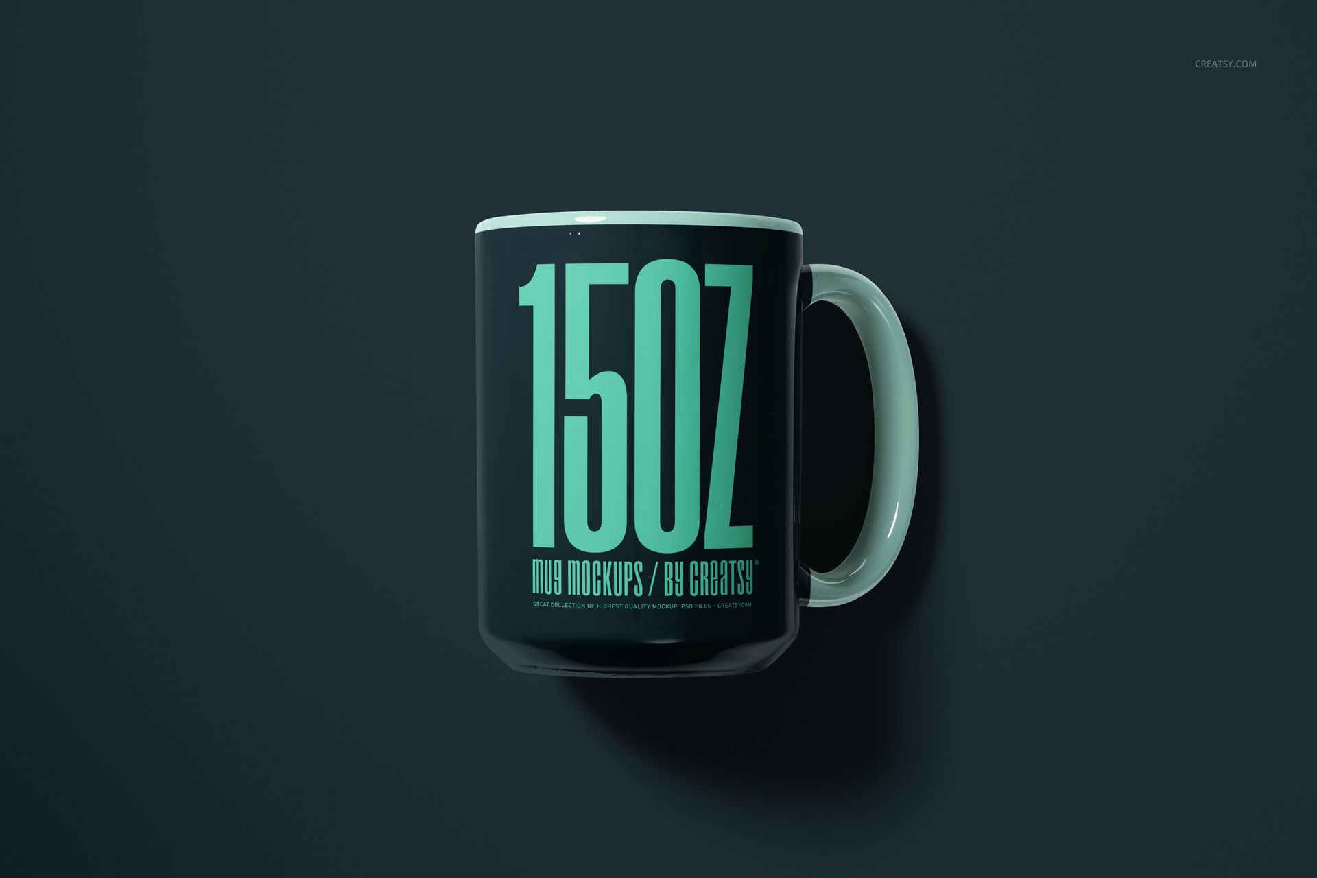 Front view of a 15oz ceramic mug mockup with bold turquoise text on a dark background, centered handle visible.