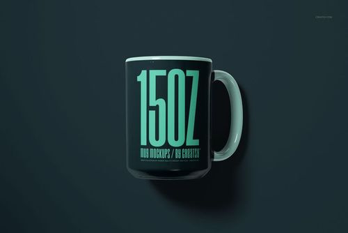 Front view of a 15oz ceramic mug mockup with bold turquoise text on a dark background, centered handle visible.