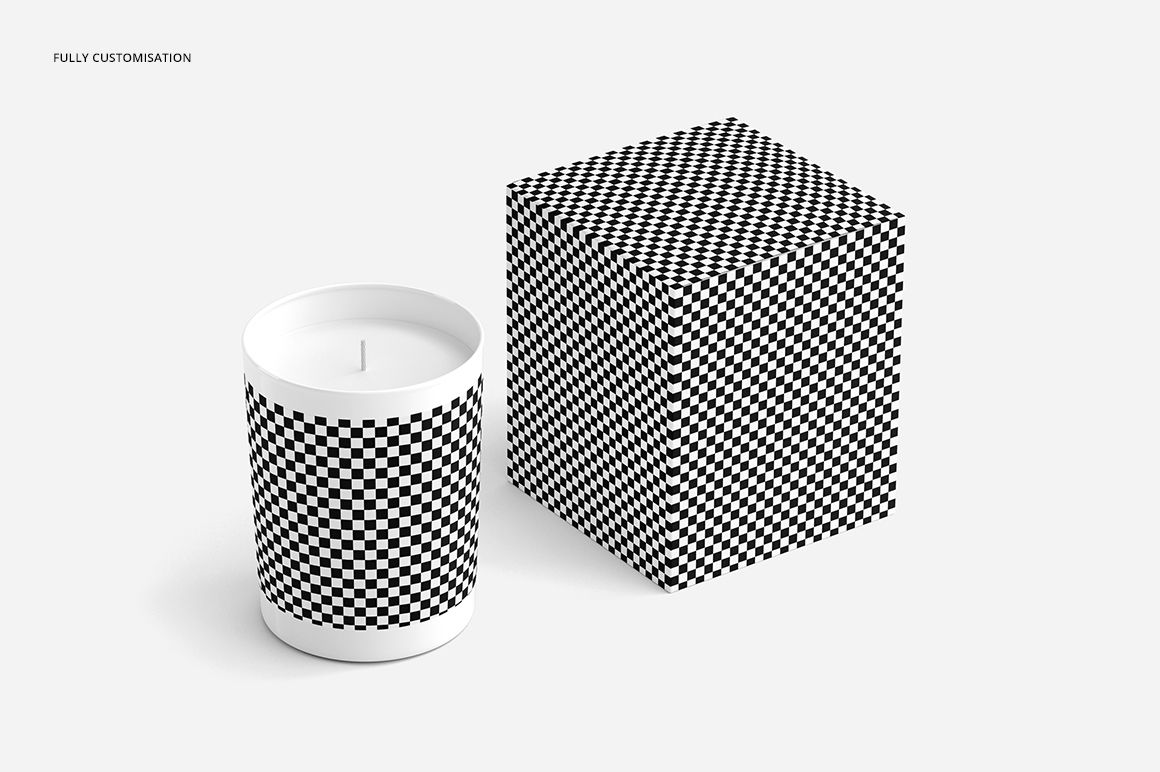 Scented candle mockup featuring a white glass container and a black and white checkered packaging box, side by side.
