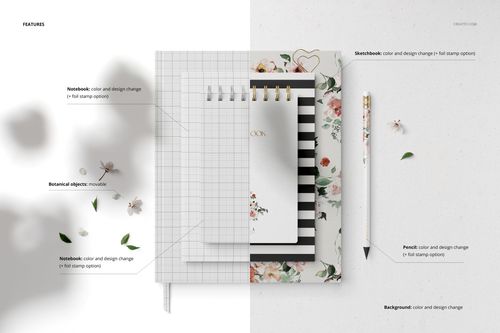 Stationery set mockup featuring a spiral notebook, sketchbook, and pencil with floral and striped designs, top view.