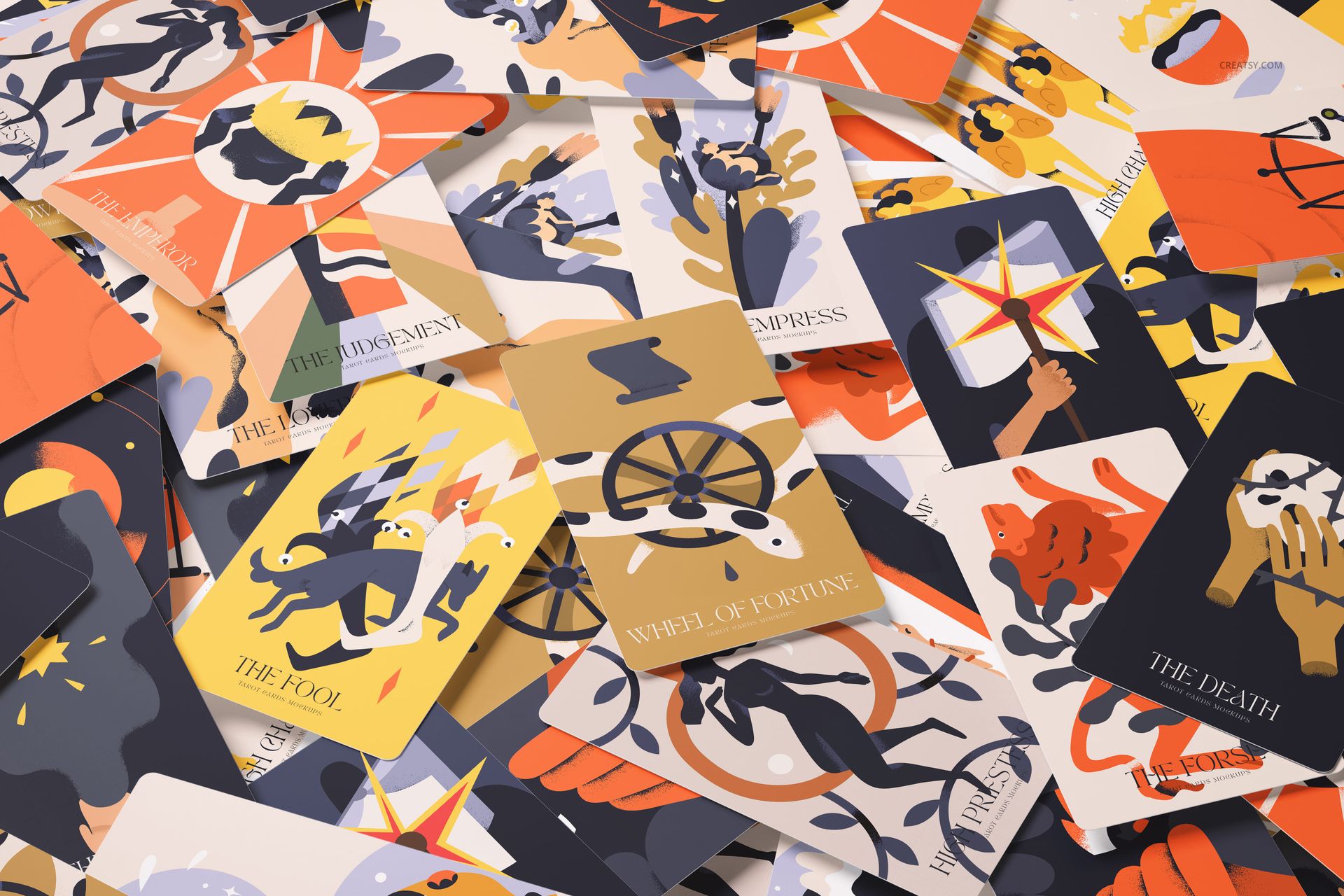 Top view of multiple tarot cards mockup with bold yellow, orange, and black artwork, arranged in a random pile.