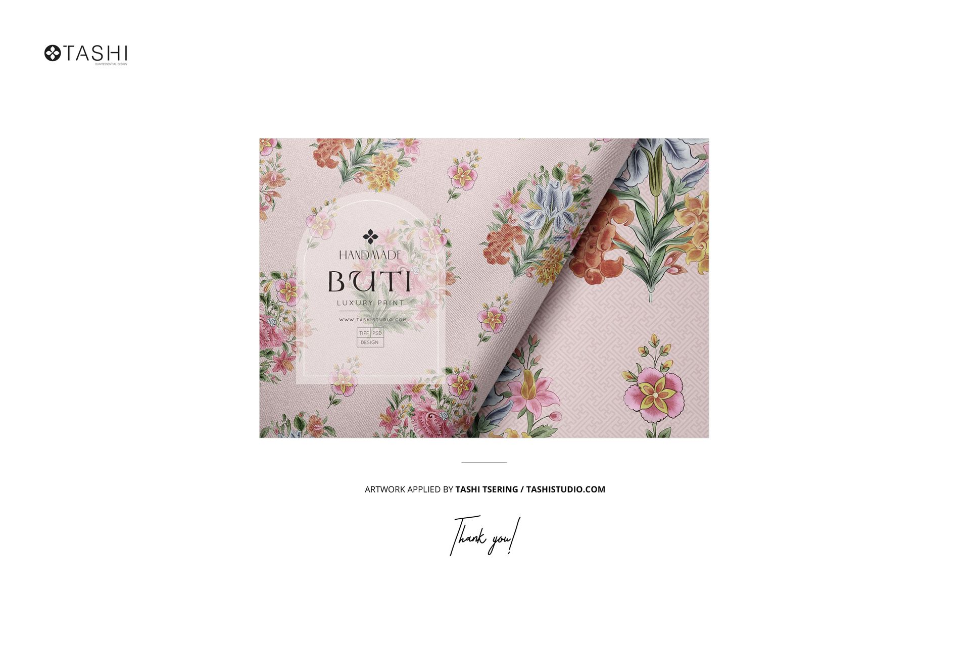 Front view of a bedding set mockup with a folded corner, featuring colorful floral patterns on a light background.