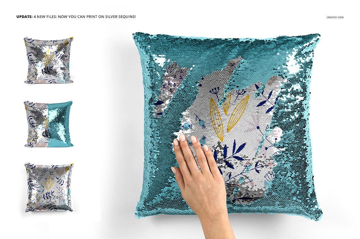 Mockup set showing a reversible sequin pillow with teal and silver sequins, hand brushing to expose a colorful pattern.