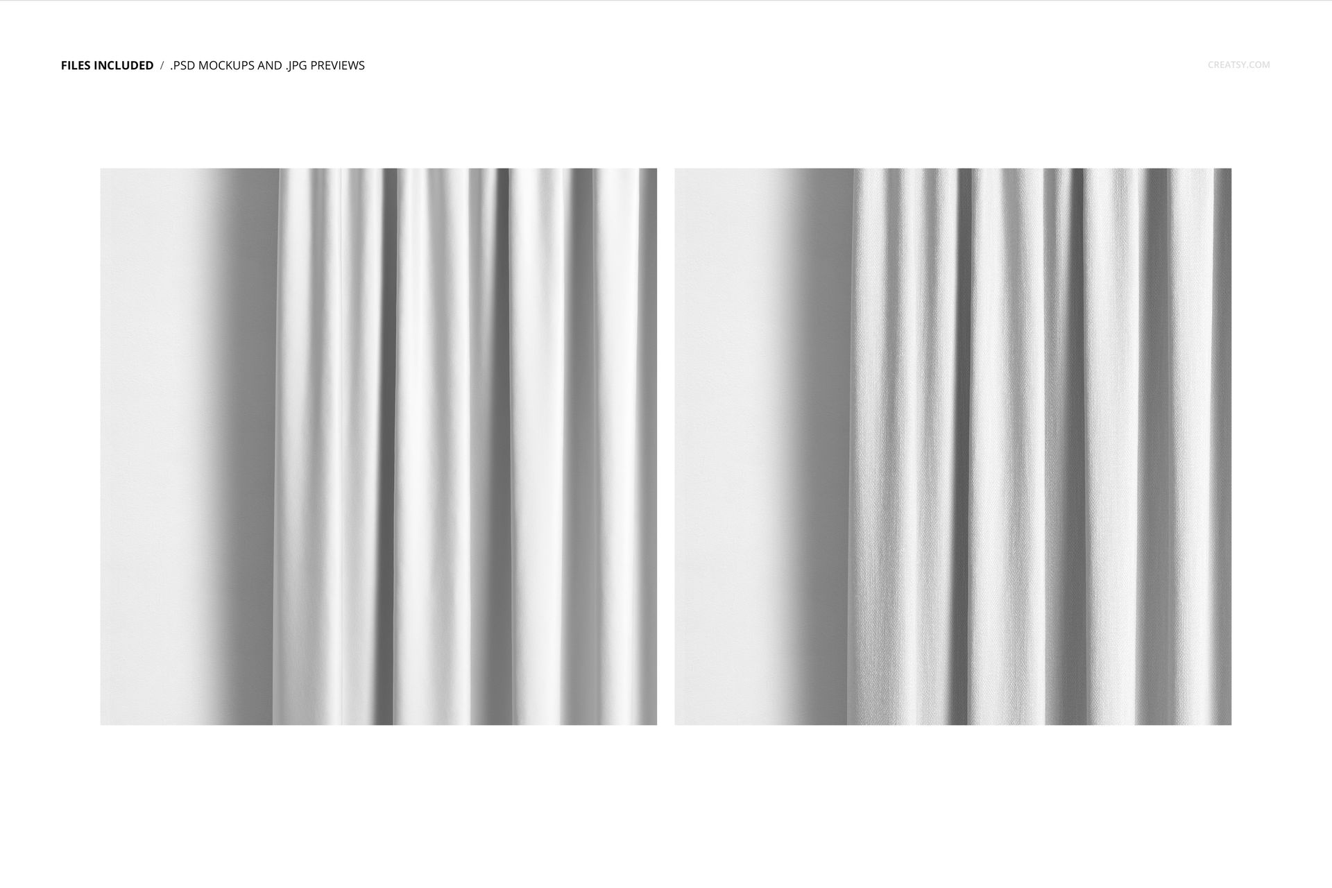 Curtain mockup featuring a detailed close-up of white fabric with gentle pleats, shown in two separate panels.