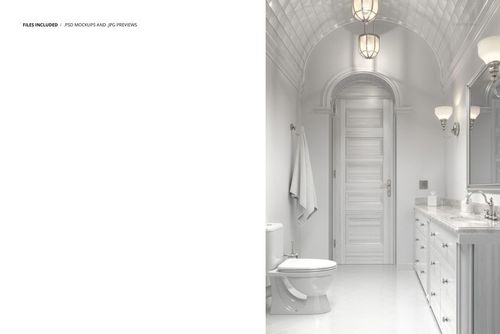 Front view of a vintage style bathroom mockup featuring white fixtures, arched ceiling, and marble countertop.