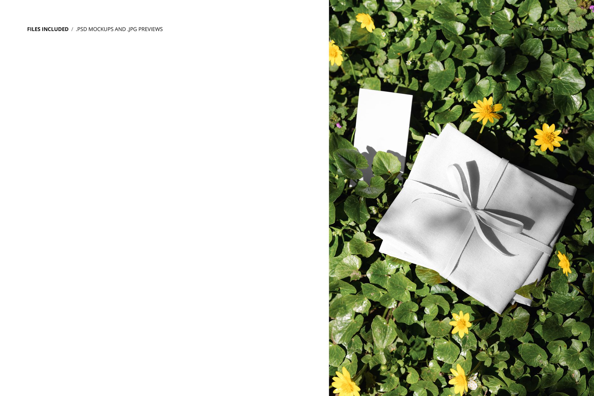 PSD mockup showing a bundle of fabric wrapped with a bow resting among green leaves and yellow garden blooms.
