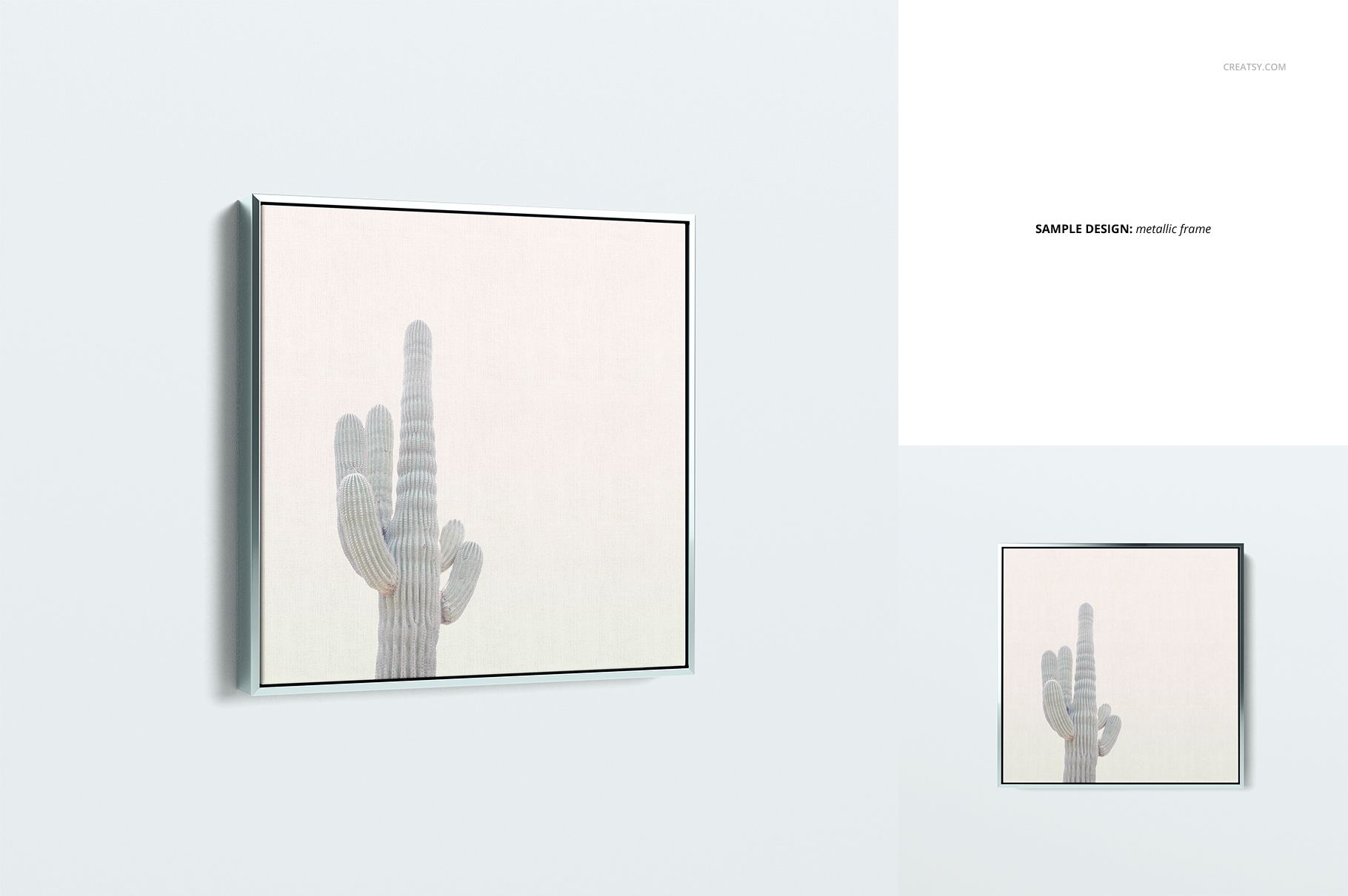 Square wall art mockup with a metallic floater frame, displaying a subtle cactus design on a pale backdrop.