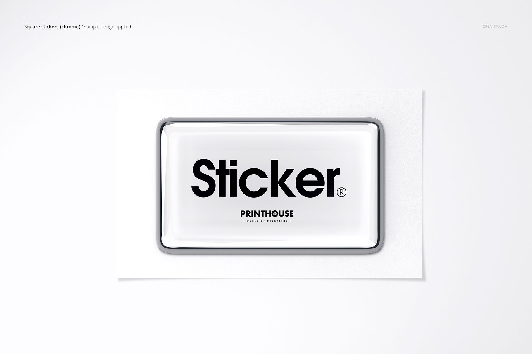 Rectangular 3D epoxy dome sticker mockup with black text on a white background, shown from a top view.