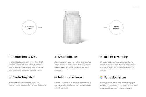 Glossy coffee bag mockup shown from the front, featuring a grid pattern and standing on a white background.