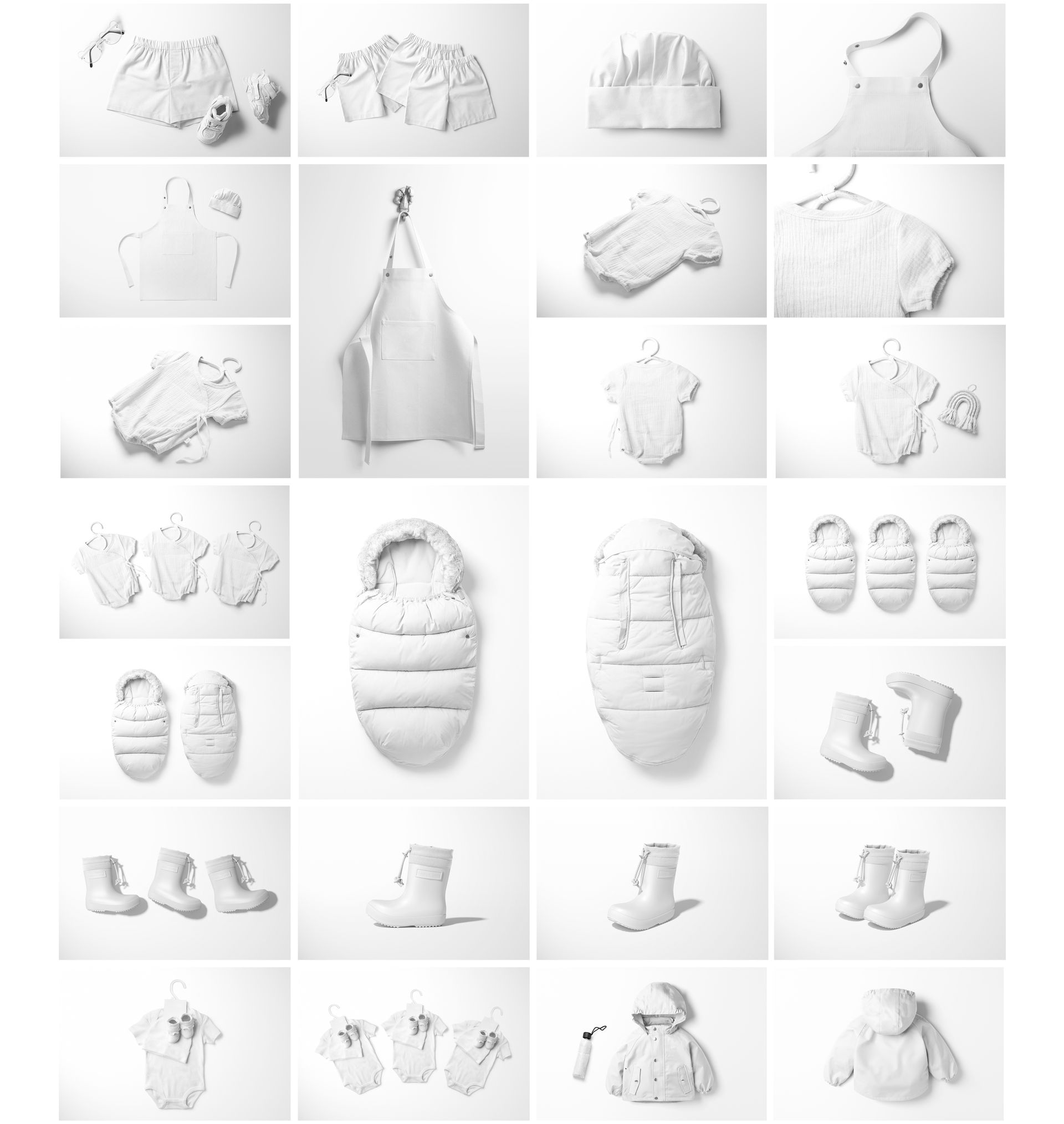 Grid layout showing various kids and babies clothing and accessories mockups, including bodysuits, hats, and boots in white.