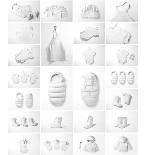 Grid layout showing various kids and babies clothing and accessories mockups, including bodysuits, hats, and boots in white.