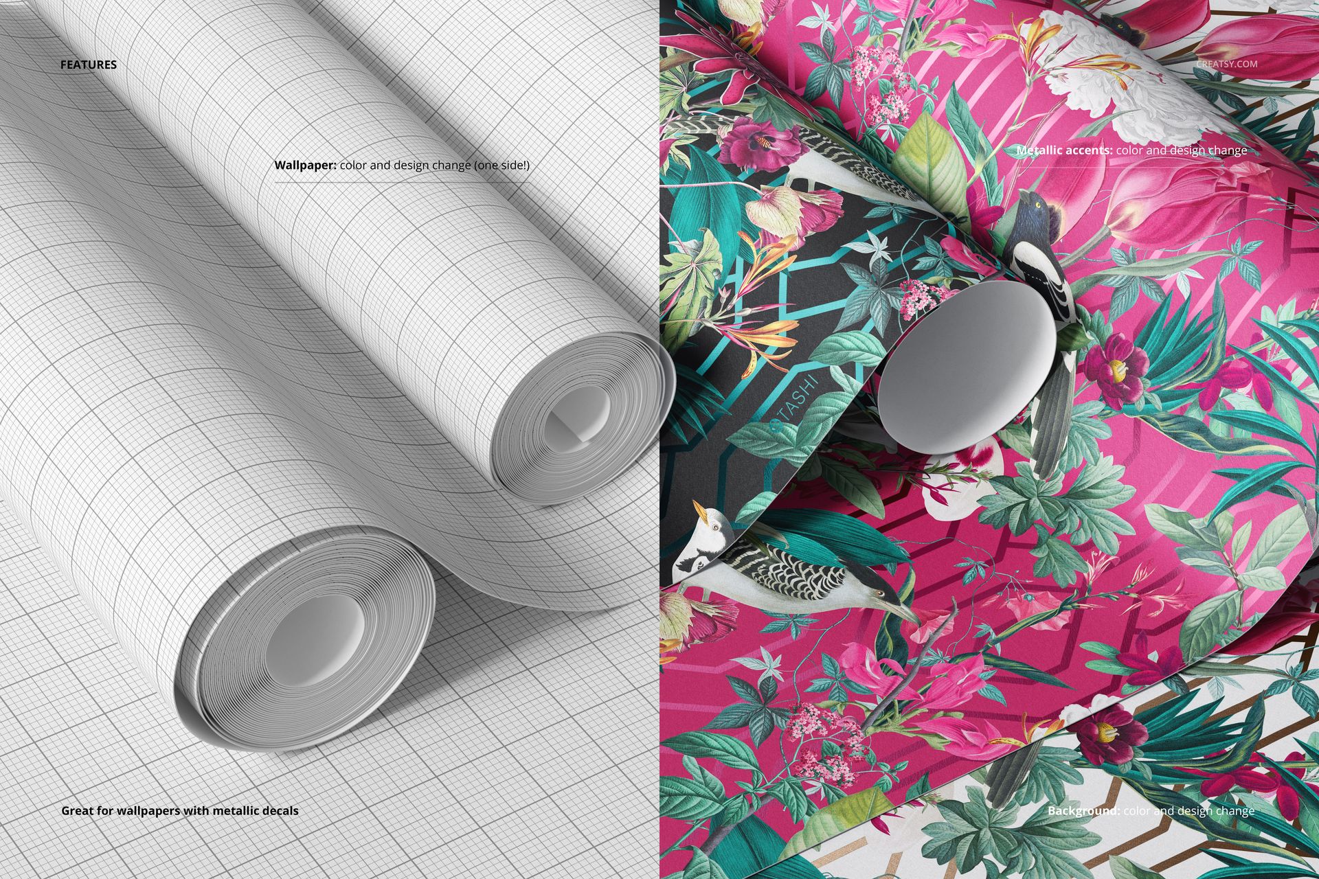 Four wallpaper rolls mockup showing two rolls with grid pattern and two rolls with vibrant floral designs, front view.