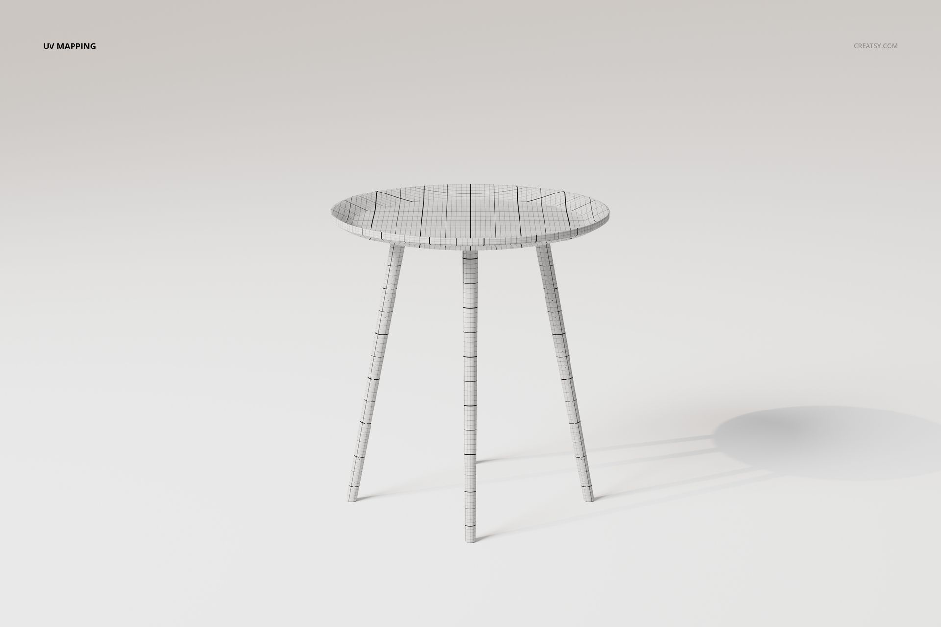Geometric side table with round top and three angled legs, shown in wireframe texture on a light background, front view.