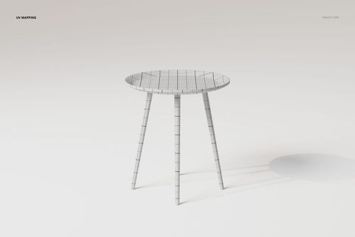 Geometric side table with round top and three angled legs, shown in wireframe texture on a light background, front view.