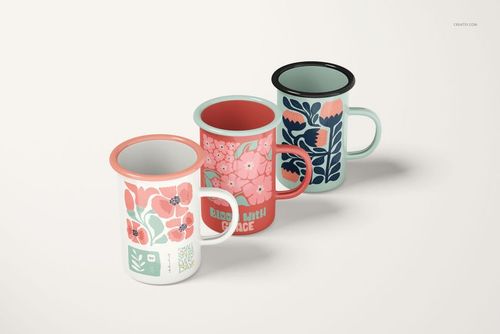 PSD mockup of enamel mugs with distinct floral motifs in coral, teal, and white, viewed from the front.