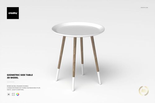 Geometric side table with a round white tabletop and four tapered wooden legs with white accents, front view on white background.