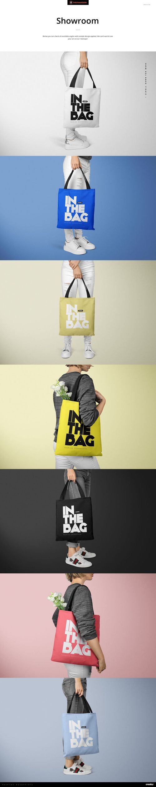 Front view of polyester tote bag mockup set in multiple colors, each held by a person with assorted backgrounds.