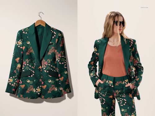 Elegant two-piece suit mockup featuring a green blazer with floral print on a hanger and matching trousers on a model.