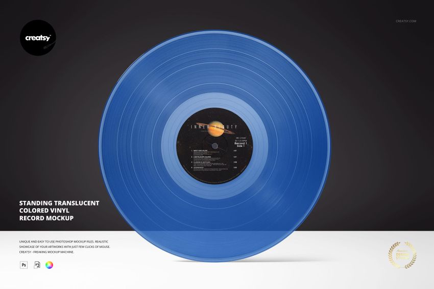 Translucent colored vinyl record mockup shown upright, featuring a blue disc with a detailed center label.