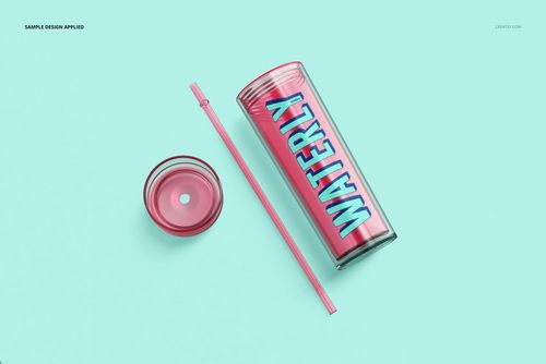 Double-wall acrylic tumbler with pink lid and straw, shown from top view on a light blue background, mockup scene.