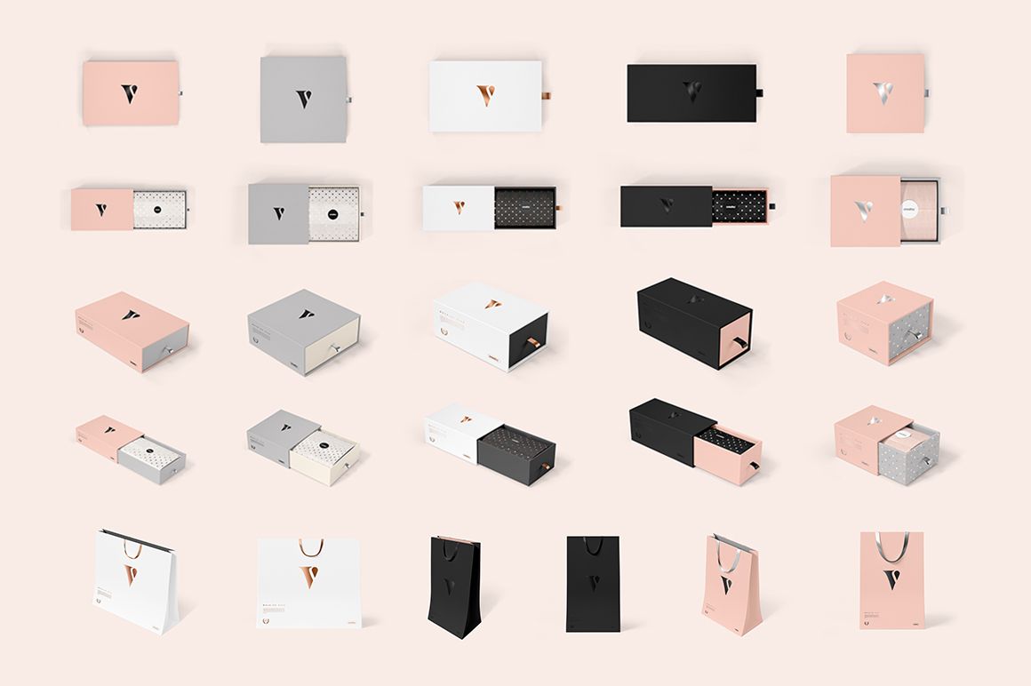 Front view of multiple packaging mockups, including rectangular boxes and shopping bags in soft pink, black, and white tones.