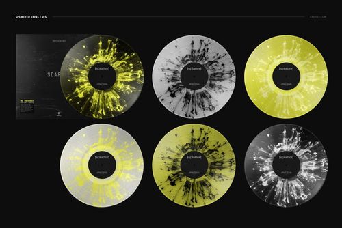 Front view of six vinyl records featuring black, yellow, and white splatter effects, with a cover mockup set behind them.