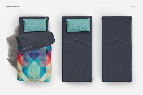 Single bed bedding mockup with geometric duvet, teal pillows, gray blanket, and two mattress variations, top view.
