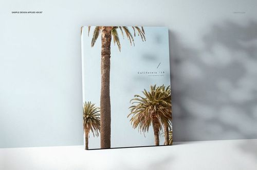 Front view of a thick canvas print mockup standing against a light wall, featuring palm tree artwork on a pale blue background.