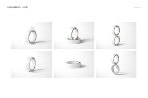 Set of paper packing tape mockups featuring various tape roll positions and angles on a clean white surface.