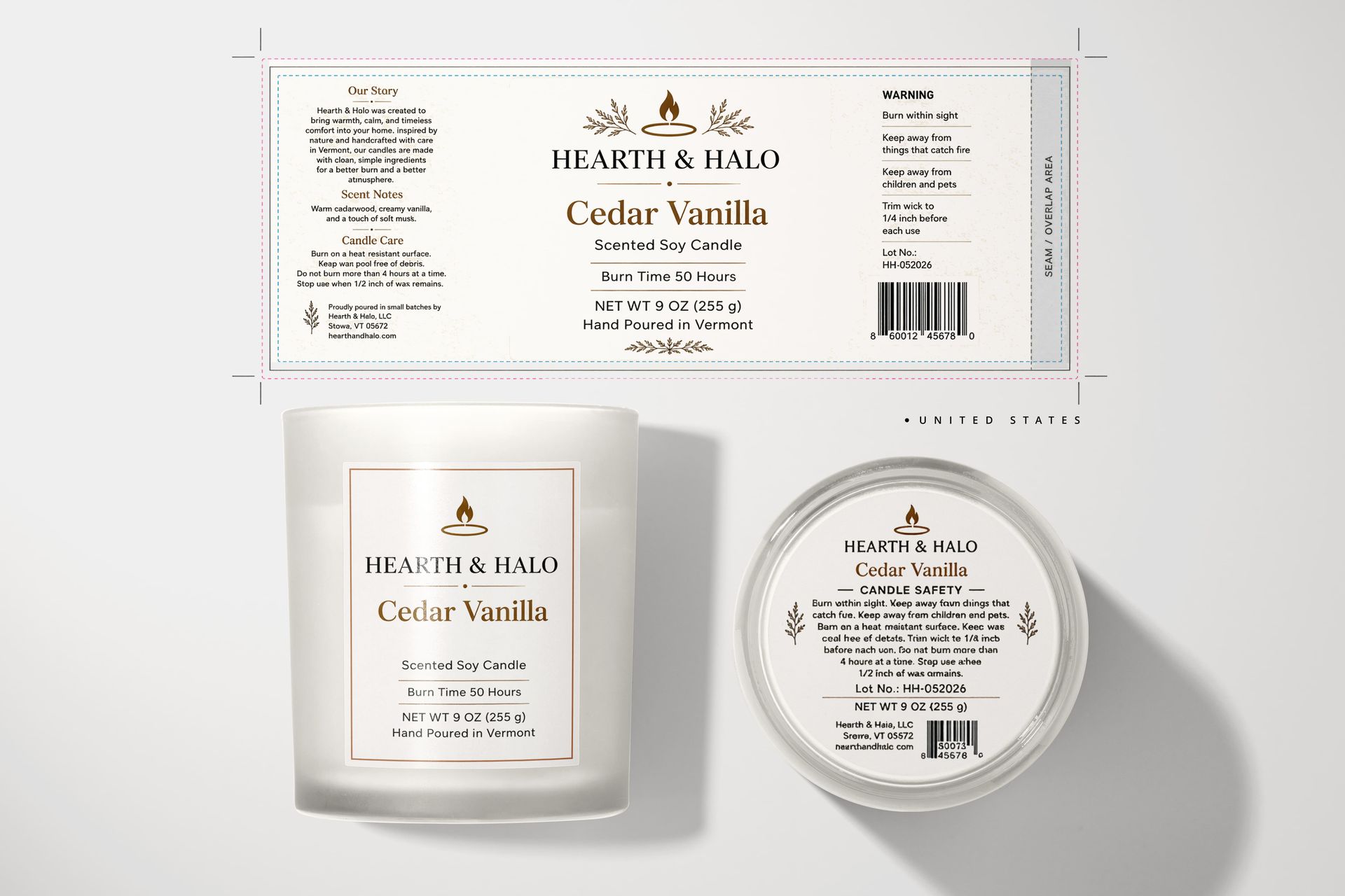 US candle label mockup with NET WT statement, warning panel, burn time, batch number, and UPC-style barcode