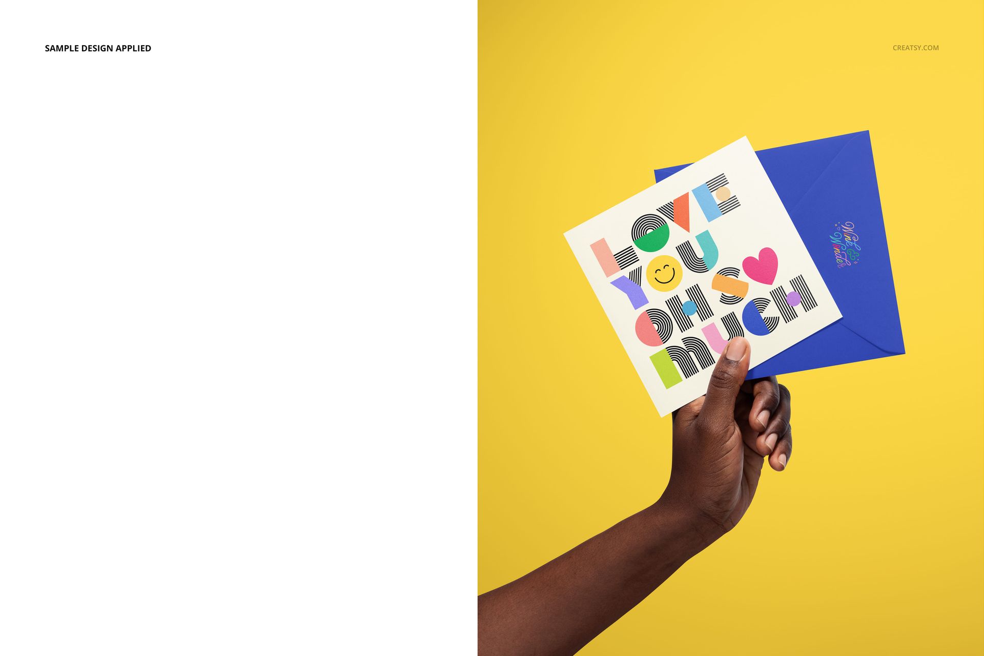 Square greeting card mockup featuring vibrant text and heart graphics, held beside a blue envelope on a yellow surface.