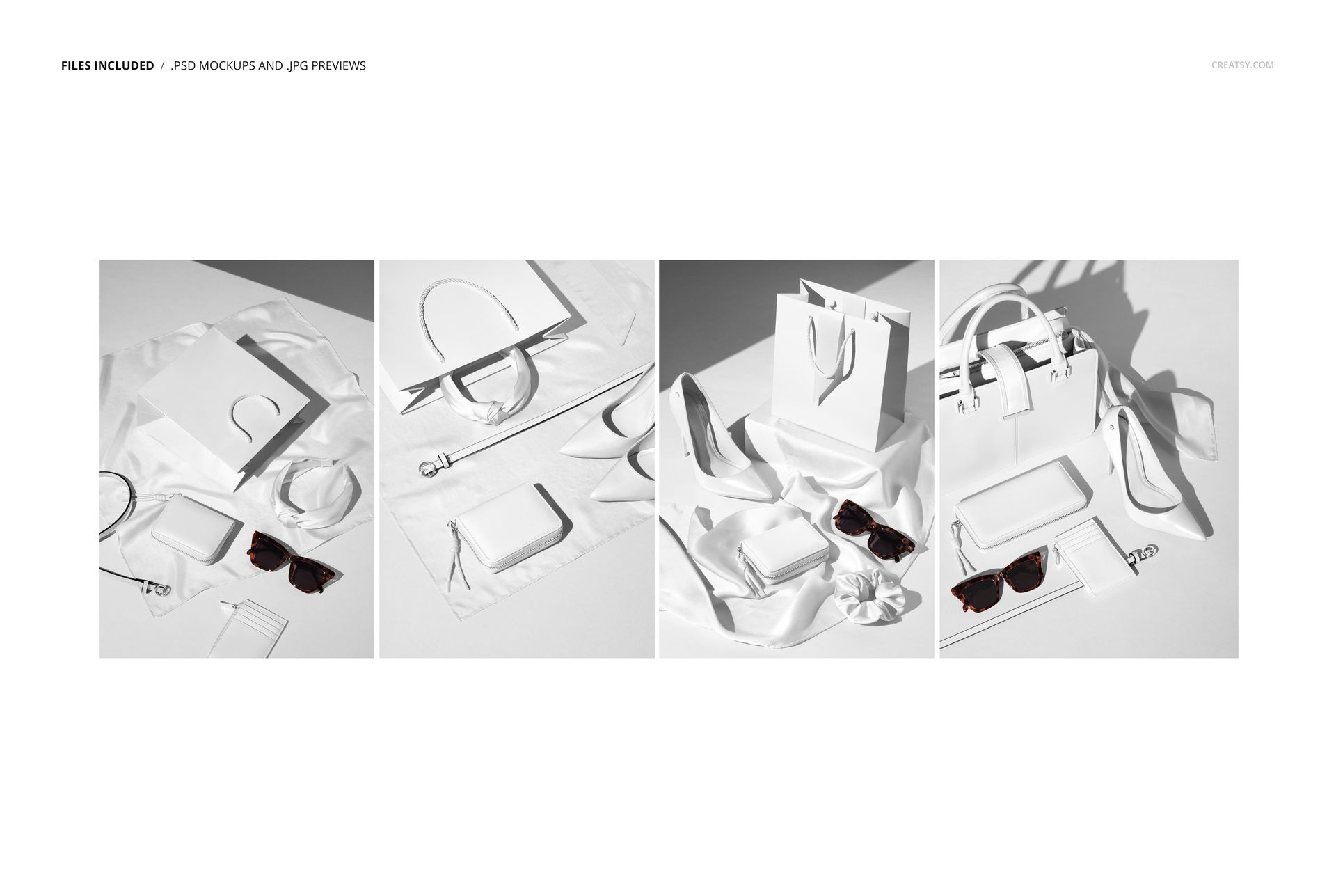 Front view of women’s fashion accessories mockup set with handbags, sunglasses, scarves, wallets, and belts in a neutral scene.